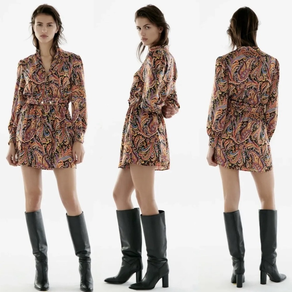 ZARA Boho Paisley Printed Long Sleeve Mini Dress